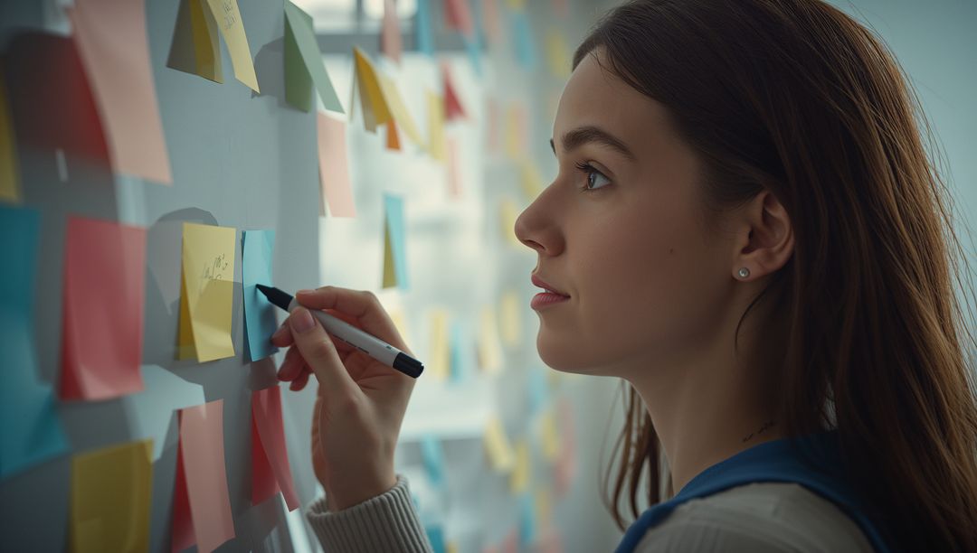 Woman Writing on Glass Wall in Office with Sticky Notes