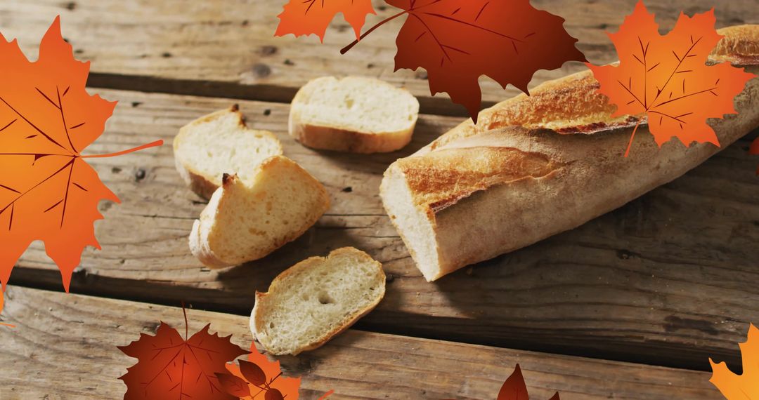Rustic Baguette and Fall Leaves with Wooden Background