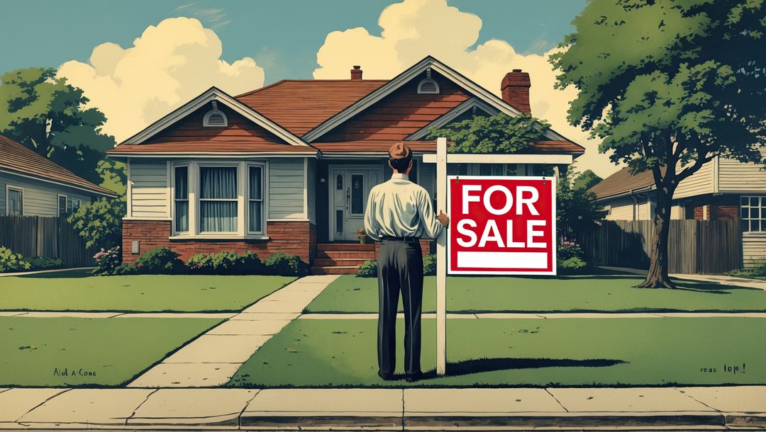 Man displaying for sale sign in front of suburban home amid financial struggles