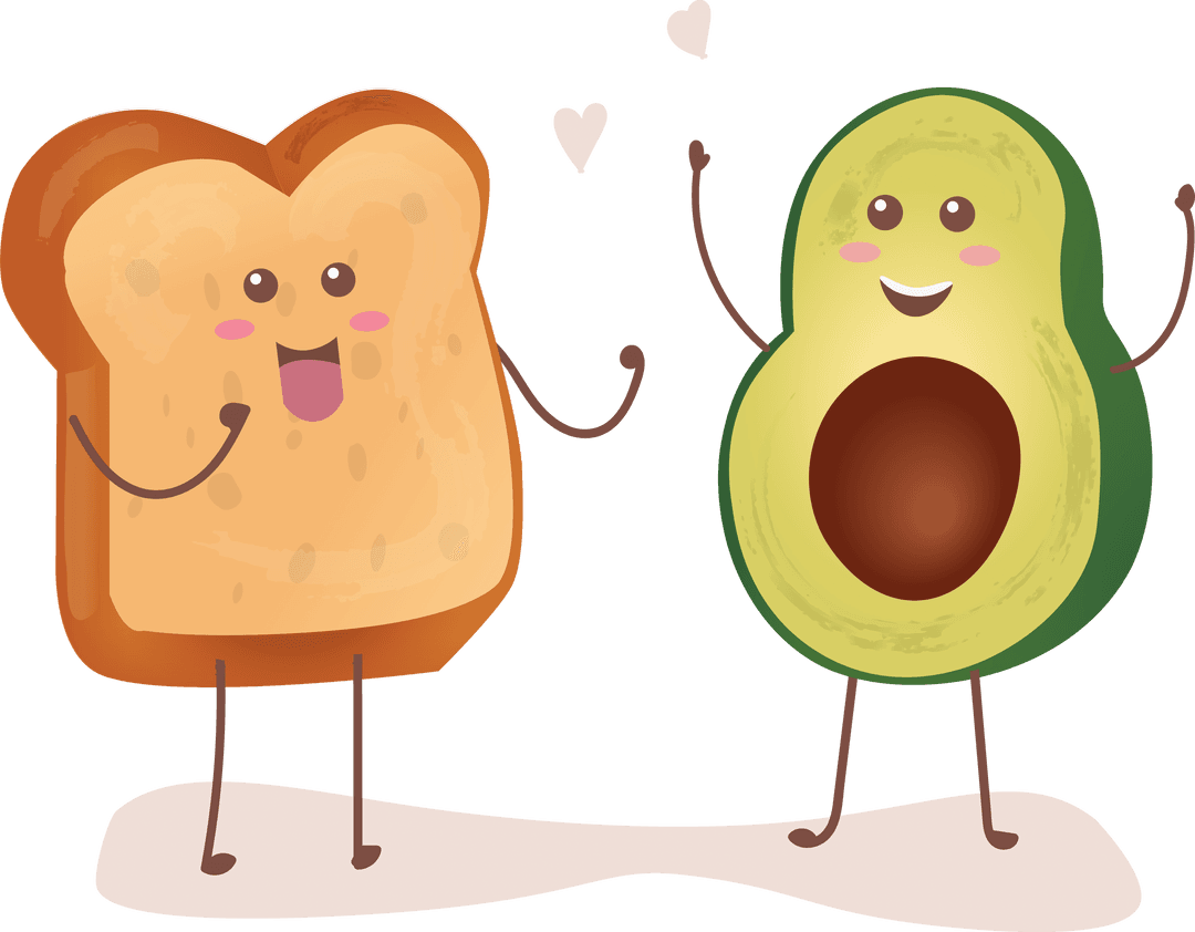 Happy Toast and Avocado Raising Hands on Transparent Background