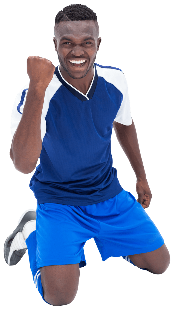 Joyful African American Football Player Celebrating on White Background