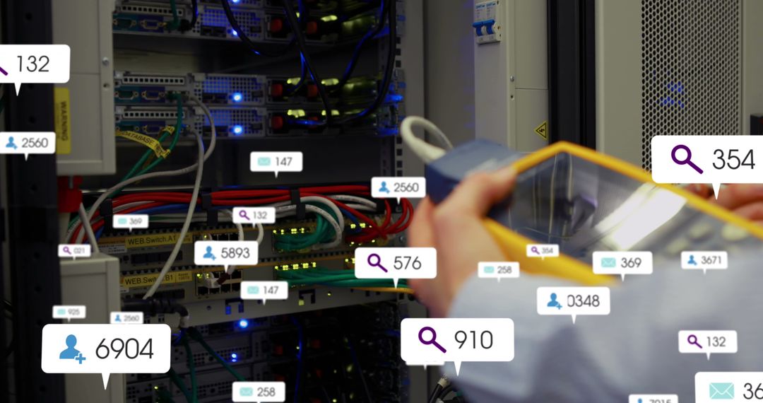 Technician Examining Server With Social Media Interface Overlay