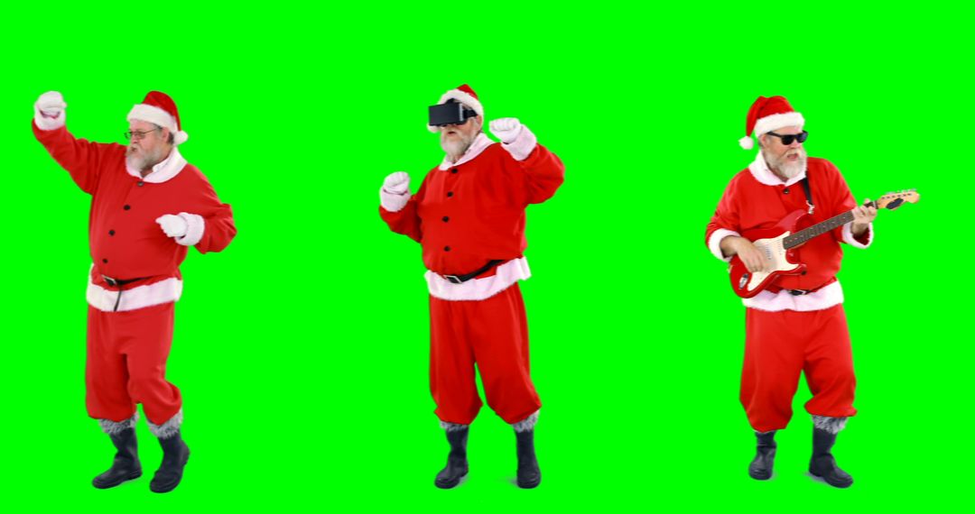 Three Dancing Santas With Virtual Reality And Guitar On Green Screen - Free Images, Stock Photos and Pictures on Pikwizard.com