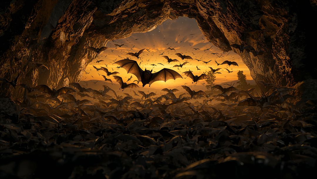 Colony of Bats Flying from Cave at Sunset