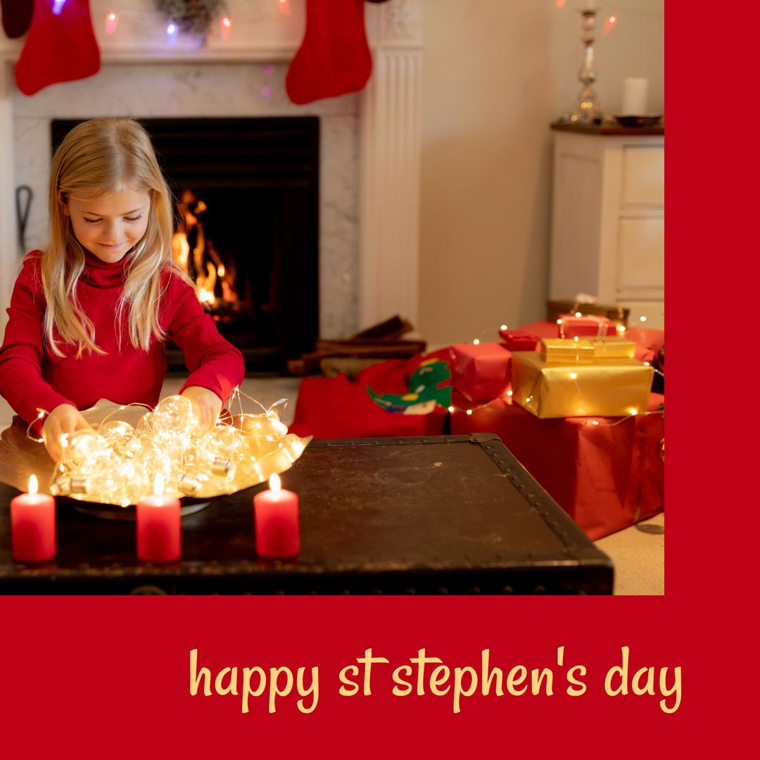 Caucasian Girl Celebrating St. Stephen's Day by Fireplace - Download Free Stock Templates Pikwizard.com