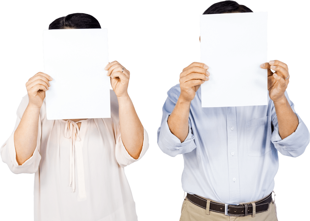 Transparent Couple Holding Blank Pages Covering Faces