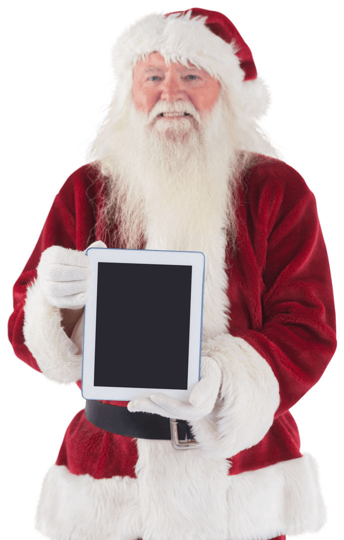 Santa Claus Holding Blank Tablet with Transparent Background
