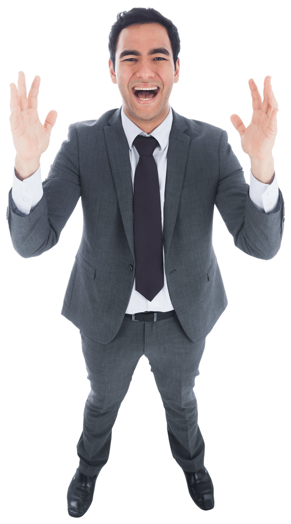 Transparent Excited Businessman with Arms Raised in Celebration