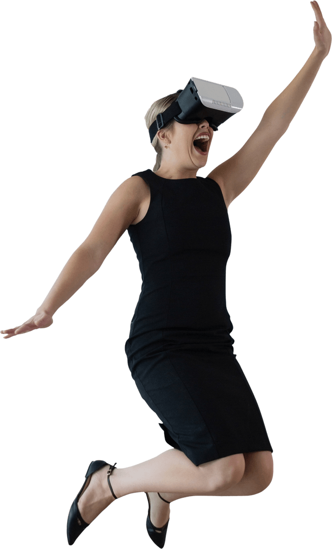 Dynamic Businesswoman Jumping While Engaging with Transparent Virtual Reality