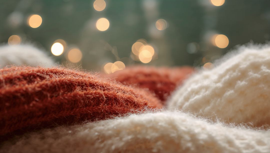 Close-up Rust and Cream Knit Sweaters Featuring Wool Texture and Bokeh Lights for Cozy Winter Decor