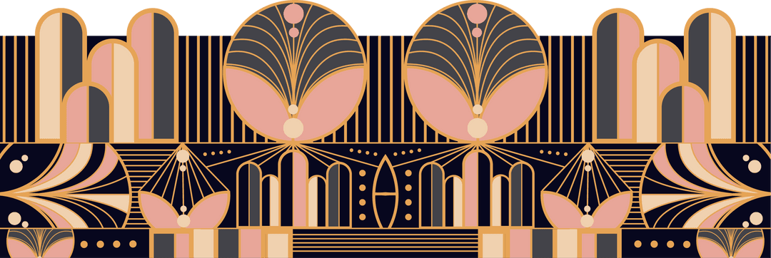 Abstract Art Deco Pattern with Pink-Gold Fans on Transparent Background
