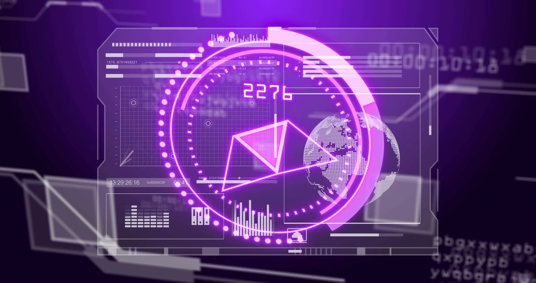 Glowing Purple Futuristic HUD Dashboard with Triangular Data Chart and Digital Globe Neon