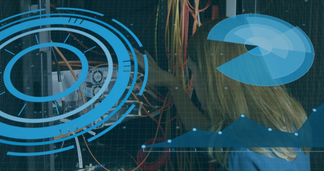 Woman Troubleshooting Server with Digital Interfaces