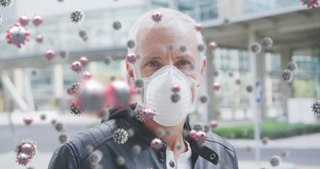 Man with Mask Amidst Virtual COVID-19 Cells in Urban Area