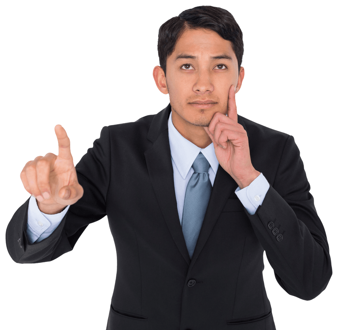 Focused Businessman Pointing Forward on Transparent Background