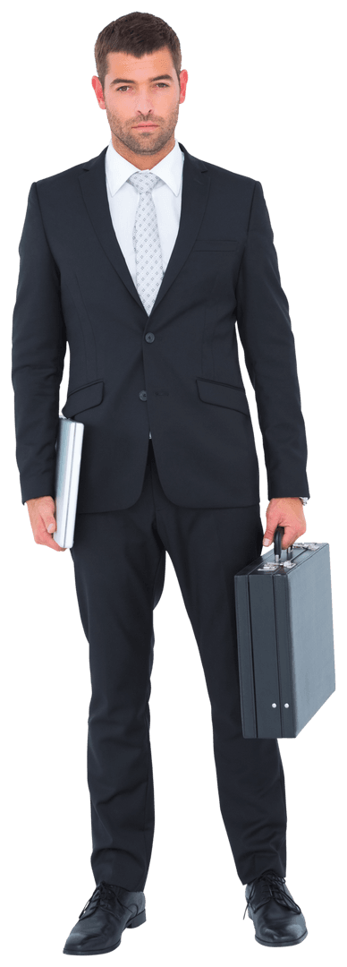 Businessman Holding Briefcase and Documents on Transparent Background