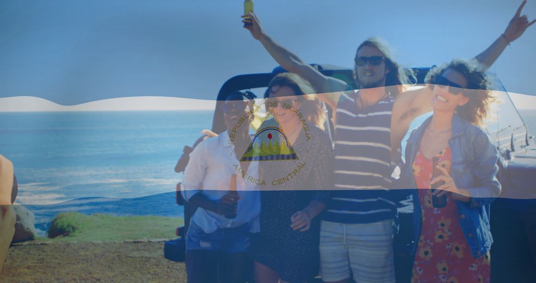 Group of Friends Enjoying Coastal Relaxation near Open Vehicle