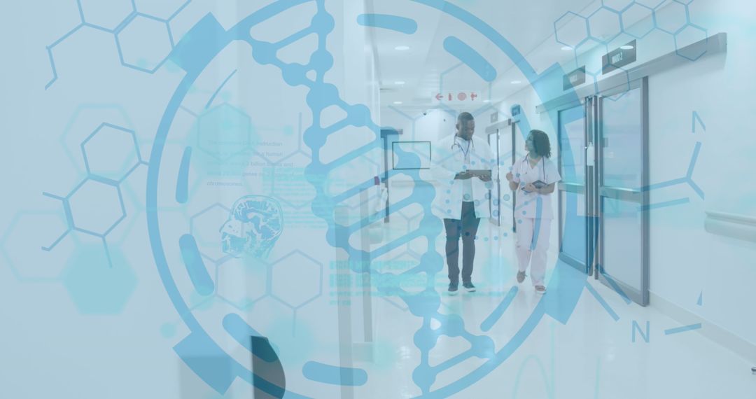 Doctors Collaborating in Hospital with DNA Overlay Concept