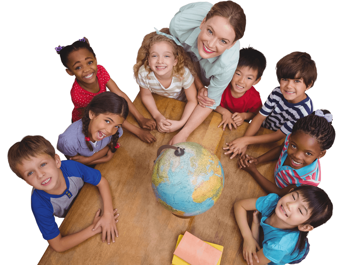 Diverse Children and Teacher Smiling Around Globe Transparent Classroom Scene