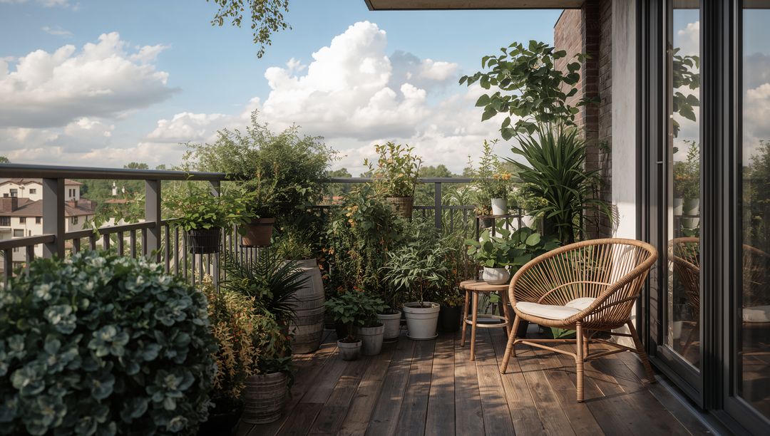 Sunlit balcony with rattan armchair and lush potted plants creating tranquil urban retreat