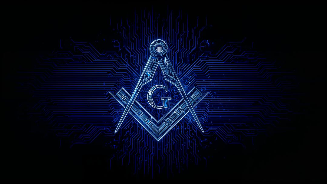 Futuristic Neon Masonic Symbol with Digital Circuitry