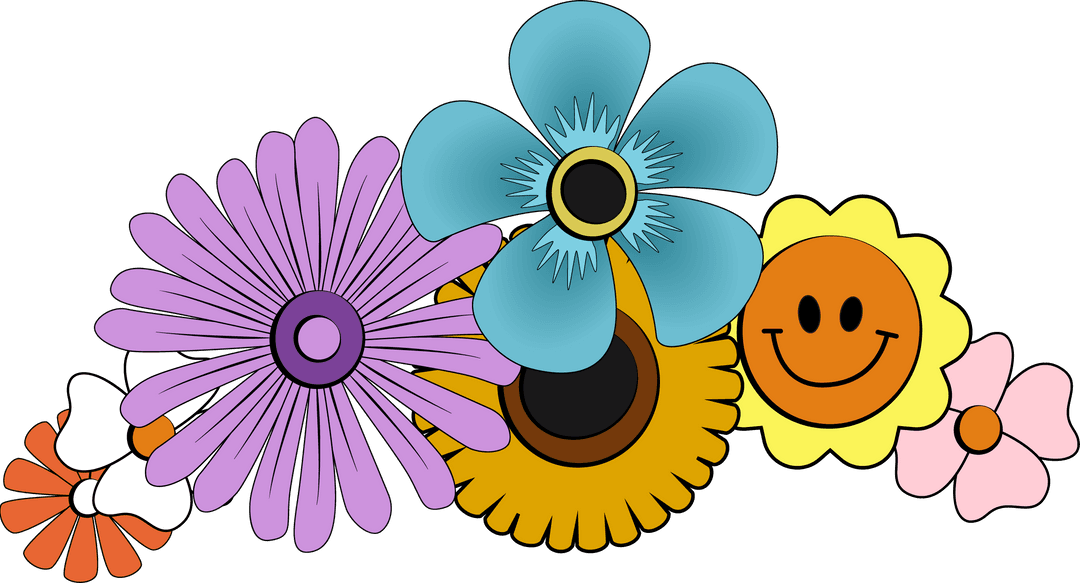 Vibrant Whimsical Cartoon Flowers on Transparent Background