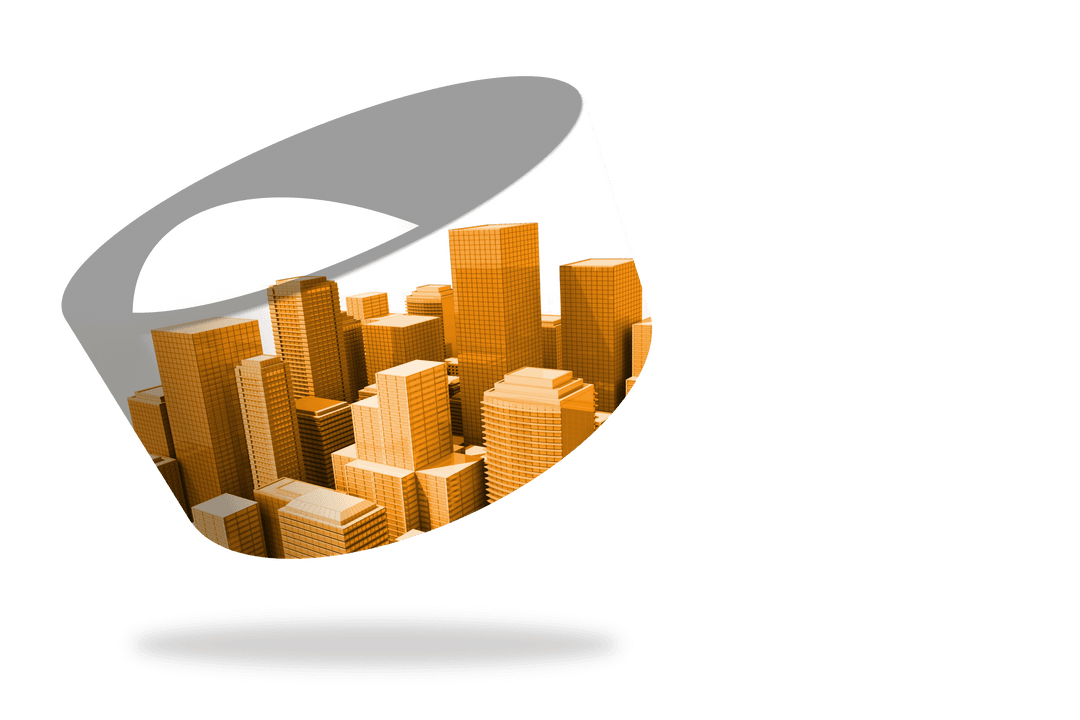 Floating Orange Cityscape Within Transparent Cylinder