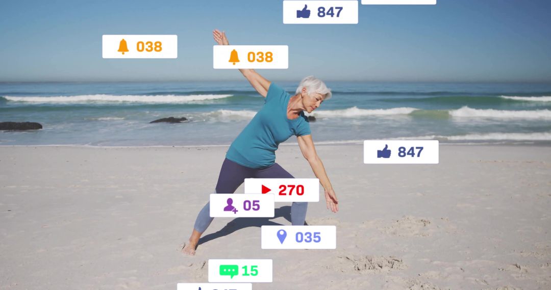 Senior Woman Practicing Yoga on Beach With Digital Interactions