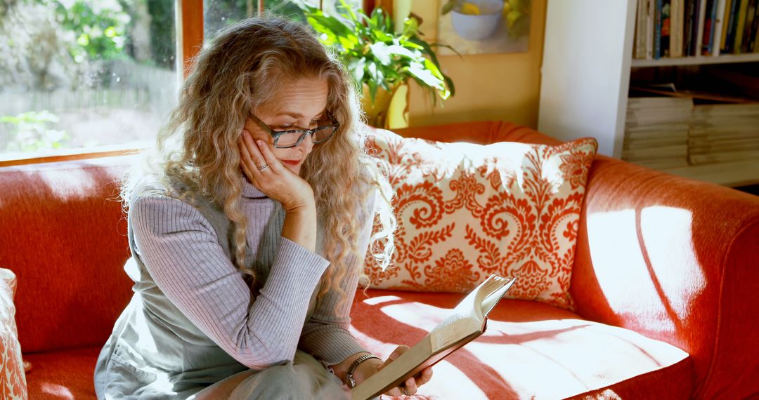 Senior Woman Reading Book on Cozy Sofa in Sunlit Living Room - Free Images, Stock Photos and Pictures on Pikwizard.com