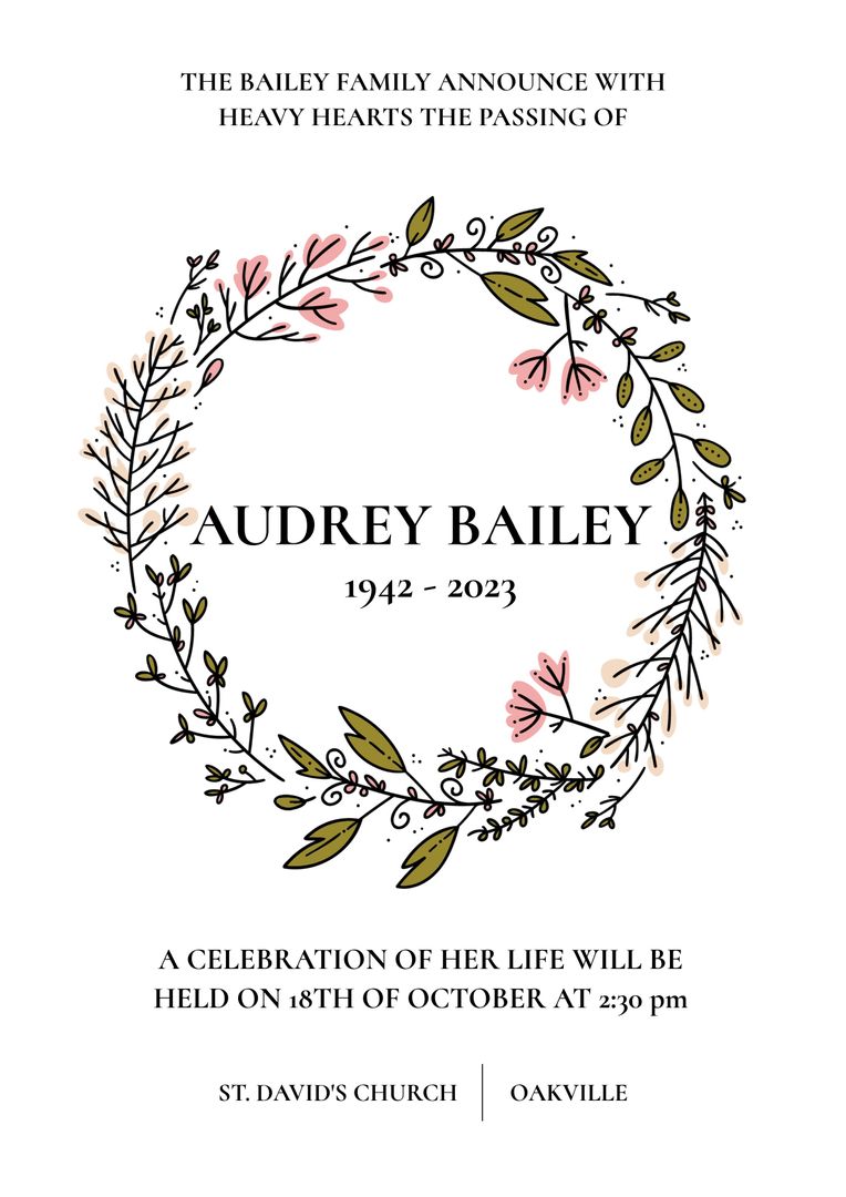 White Elegance Funeral Announcement With Floral Wreath Text Design - Download Free Stock Templates Pikwizard.com