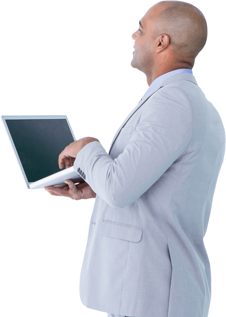 African American Businessman on Transparent Background with Laptop