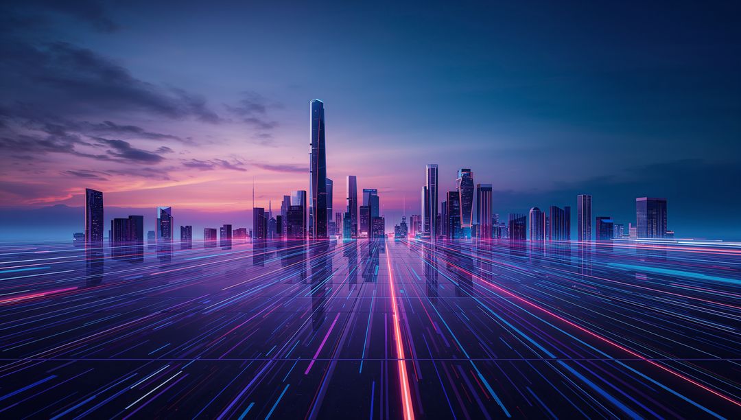 Rising Neon Skyline Reflecting Light Trails on Futuristic Plaza at Twilight