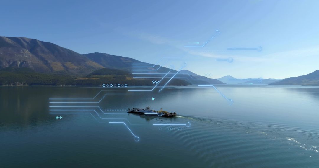 Motorboat Journey with Technology Overlays on Scenic Mountain Lake