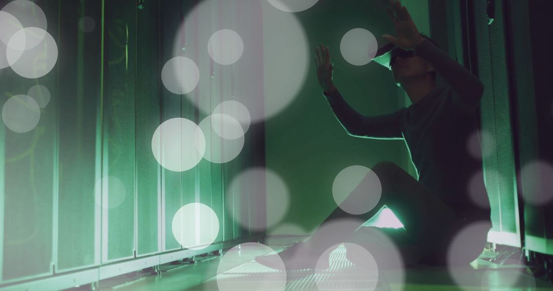 Innovative Man Using VR Headset in Data Center Environment