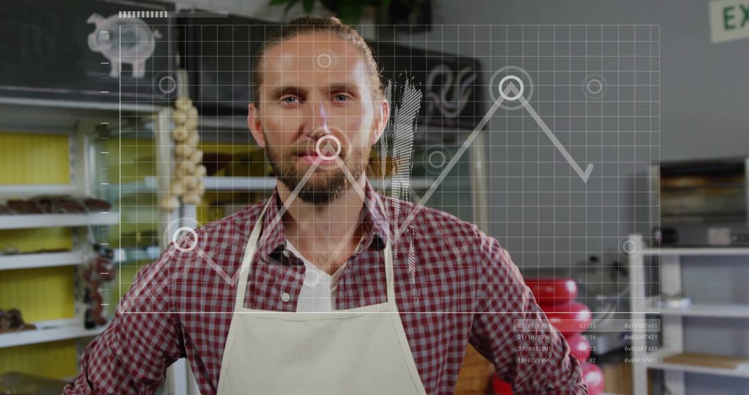 Male Baker Monitoring Digital Overlay in Modern Bakery