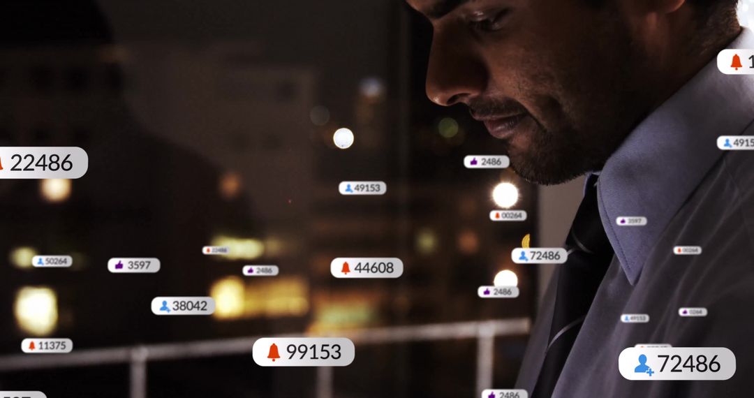 Businessman Engaging with Digital Notifications Overlooking Night Cityscape