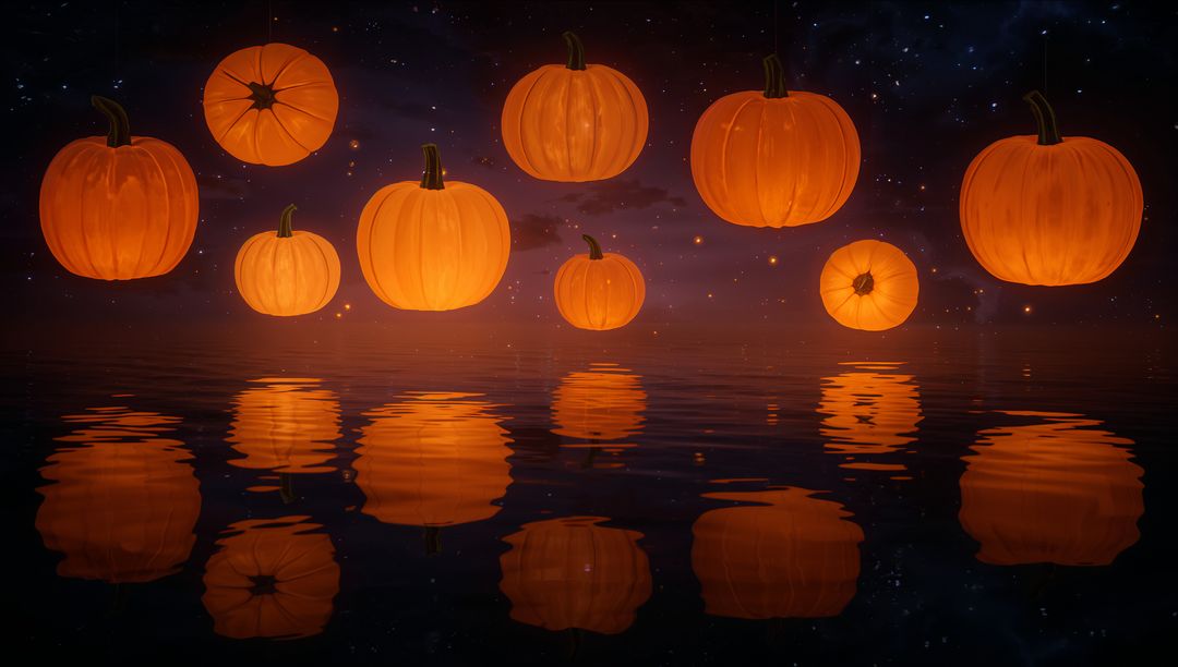 Glowing Pumpkins Hover Above Lake in Mystical Nightscape