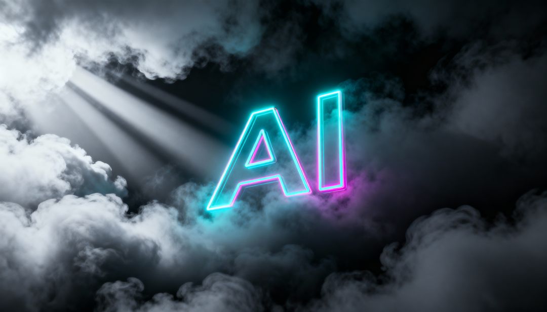 Glowing Neon AI Letters Floating Through Cinematic Clouds with Cyan Magenta Halo