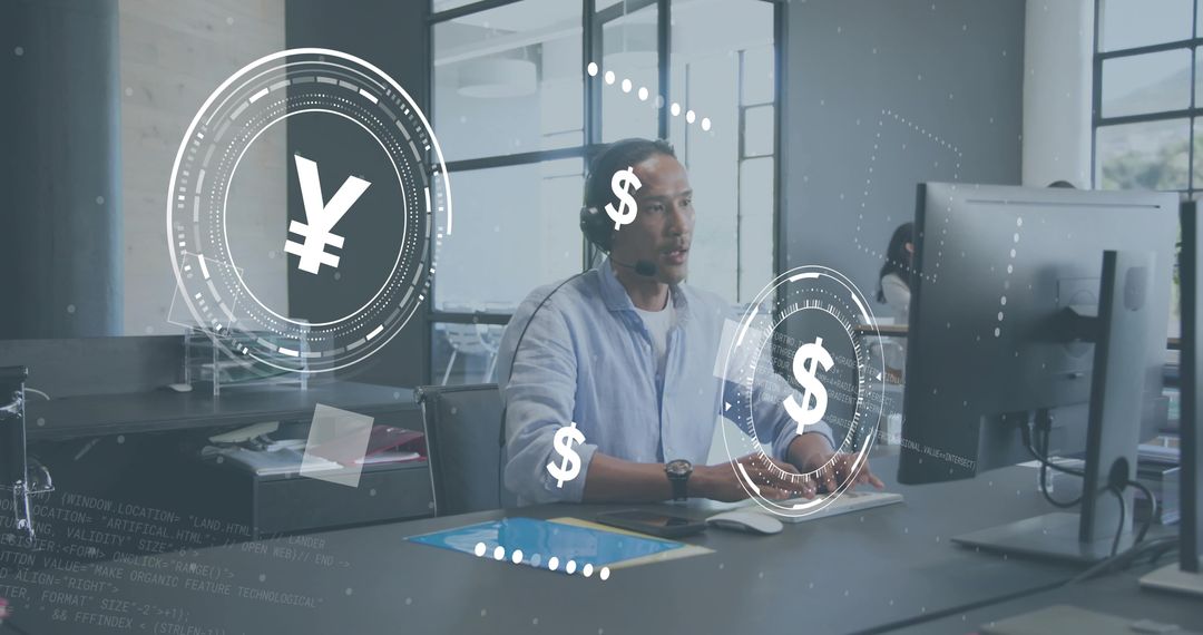 Asian man wearing headset at workstation with holographic currency, fintech interface