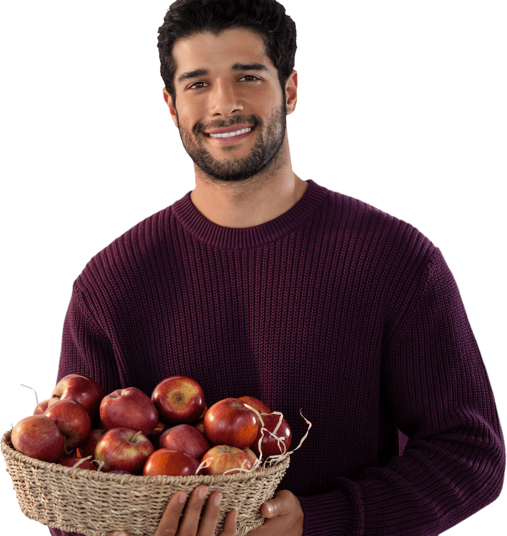 Smiling Young Man Holding Apple Basket on Transparent Background
