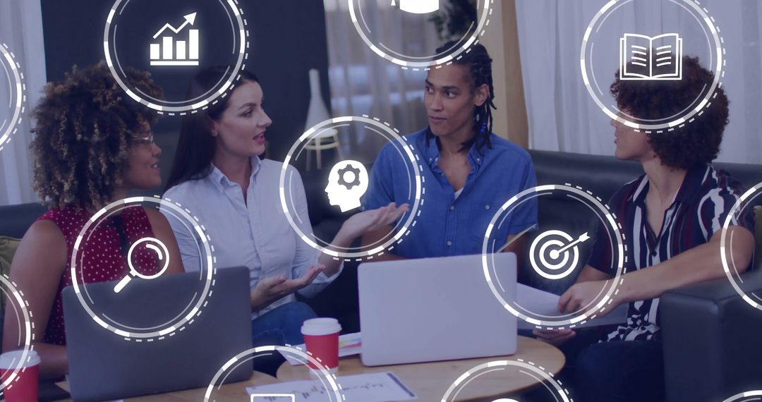 Diverse Team Collaborating in Modern Office Lounge with Digital Interface