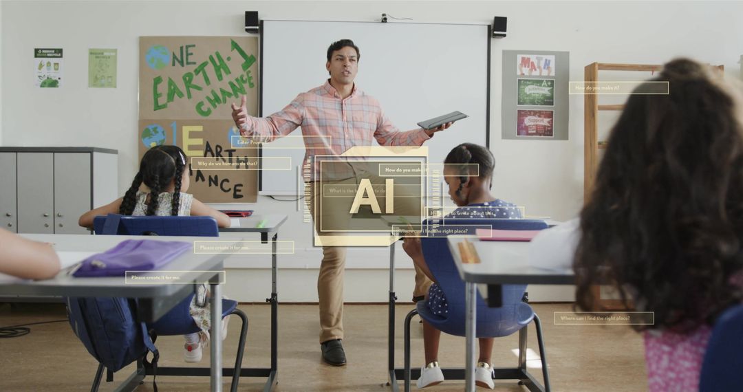 Teacher Discussing Artificial Intelligence with Diverse Students in Classroom