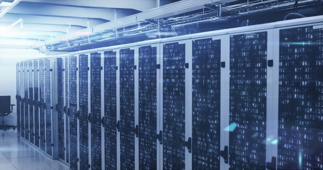 Infographic and Lens Flare Over Modern Network Server Room