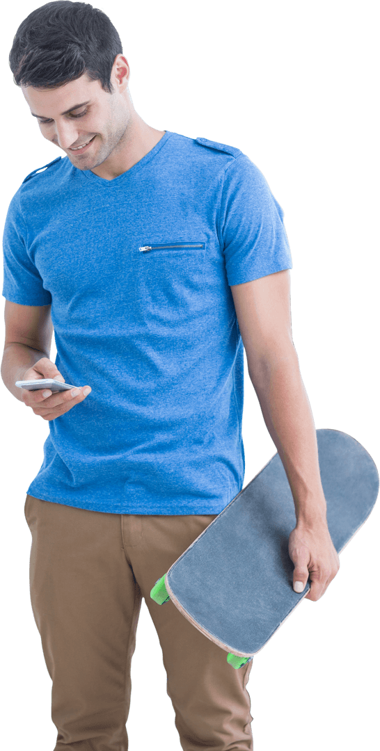Man with Skateboard and Smartphone on Transparent Background