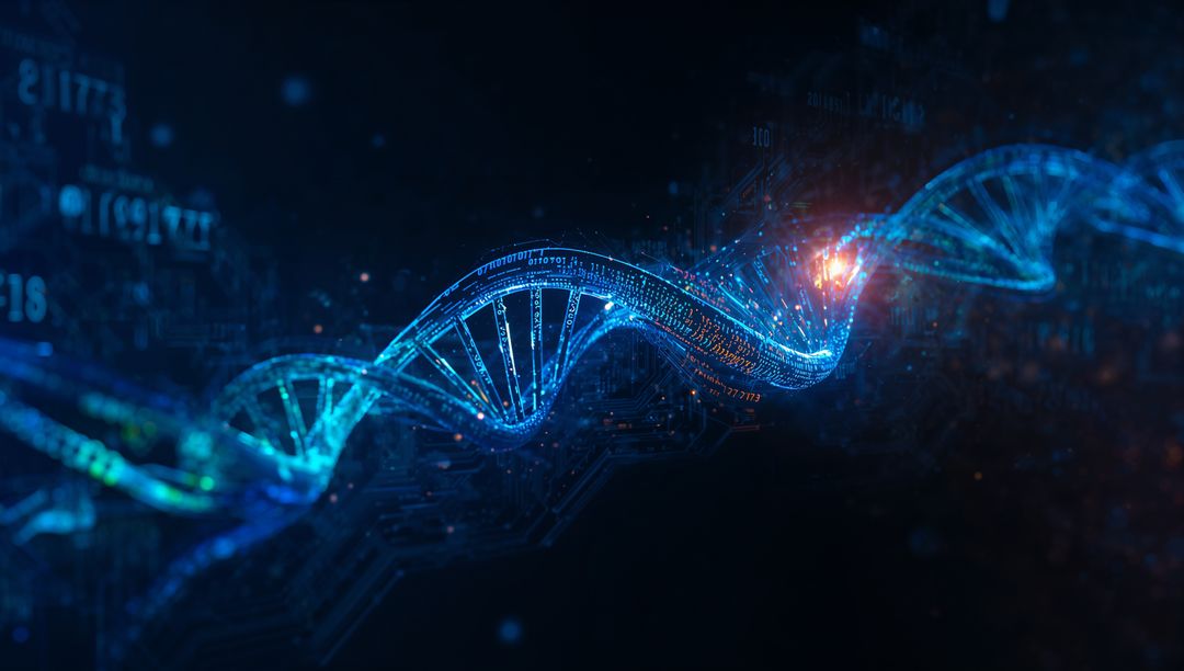 Futuristic DNA Helix with Binary Code and Digital Data Visualization