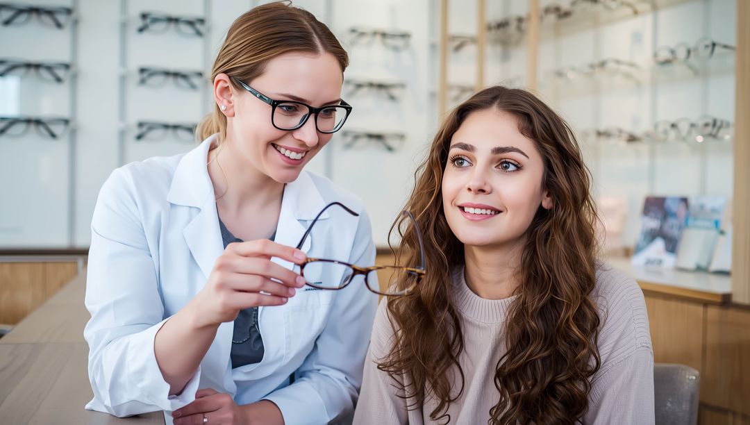 Optician Assisting Customer Choosing Eyeglasses at Optical Store