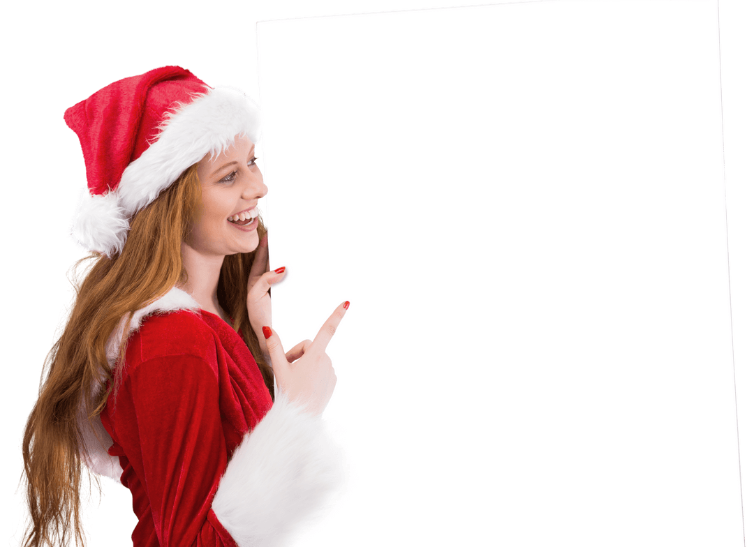 Festive Redhead in Santa Hat Presenting Transparent Poster