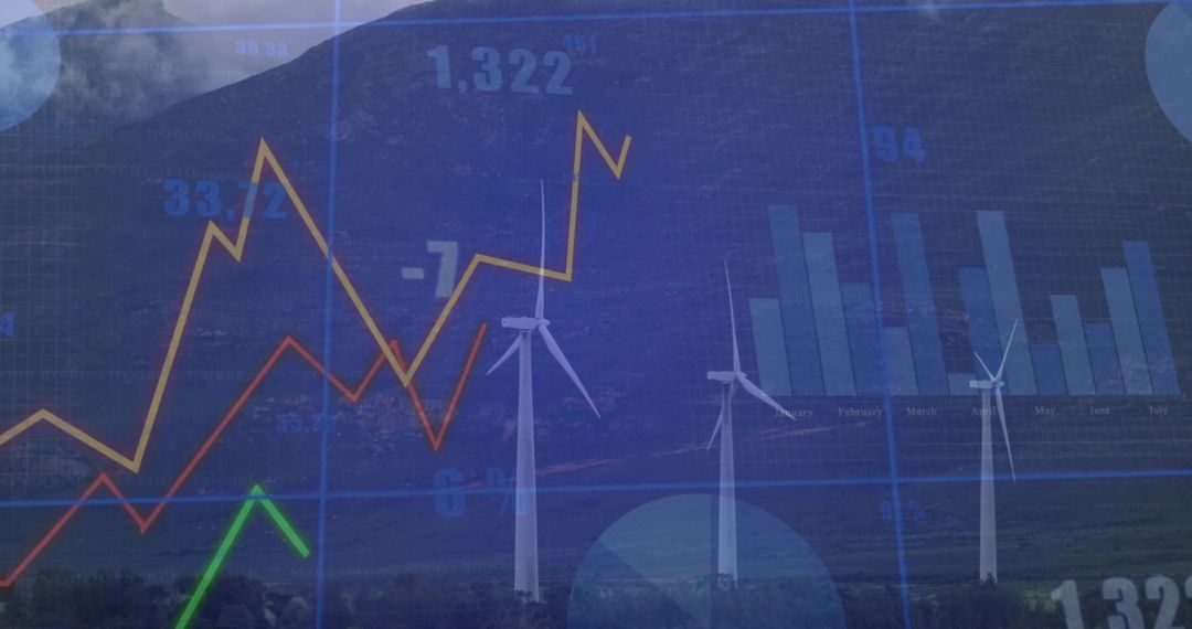 Wind Farm Data Visualization with Colorful Line Graphs and Bar Charts on Mountain Landscape