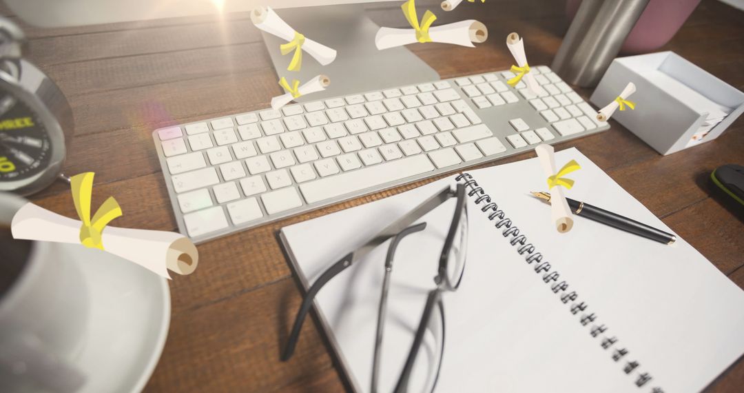 Floating Diplomas Above Desk Signifying Workplace Achievement