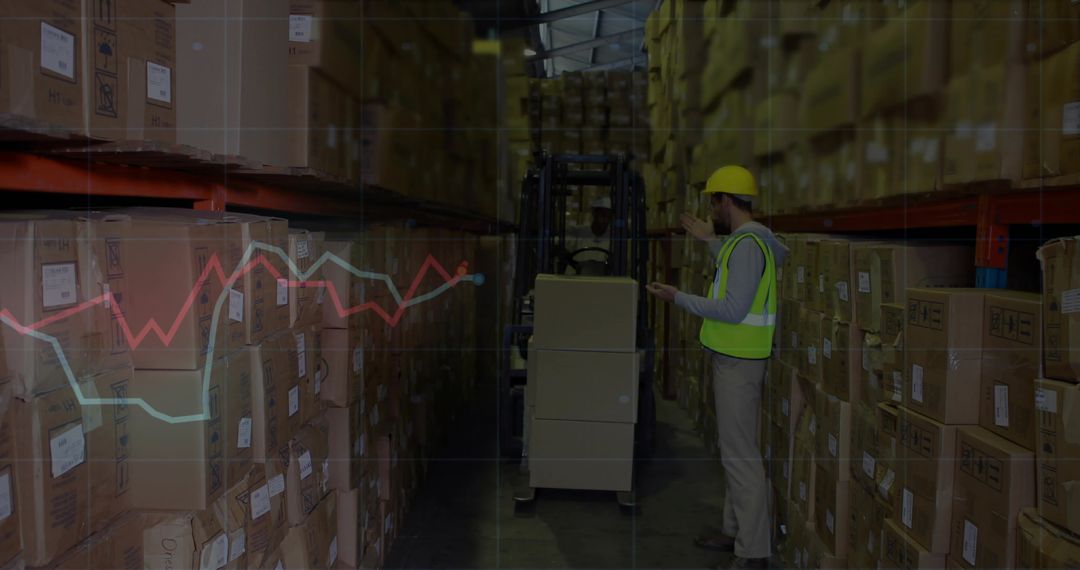 Warehouse Worker Scanning Inventory with Forklift and Graph Overlay